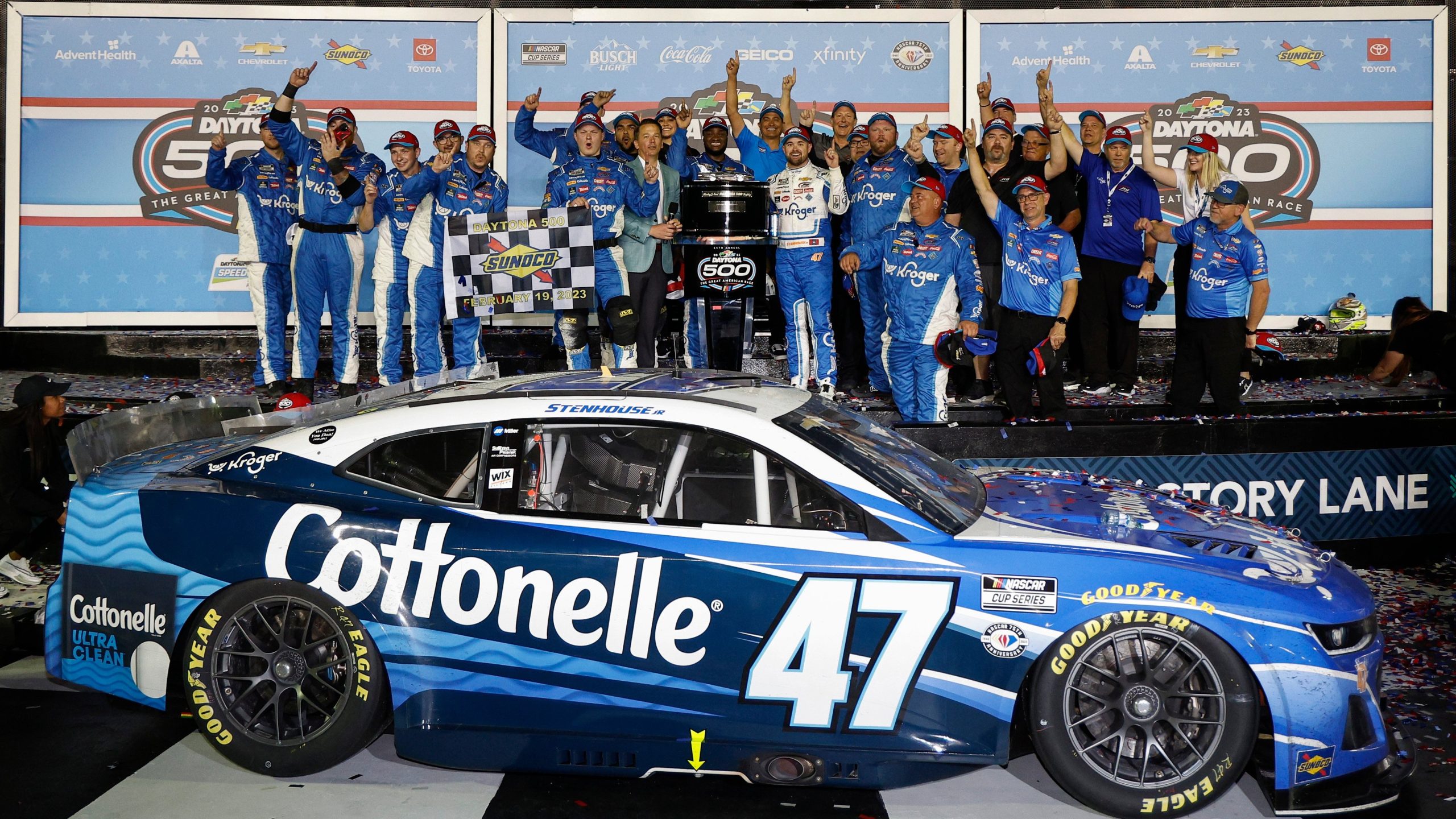 Ricky Stenhouse Jr., driver of the #47 Kroger/Cottonelle Chevrolet, and crew celebrate in victory lane after winning the NASCAR Cup Series 65th Annual Daytona 500 at Daytona International Speedway on February 19, 2023 in Daytona Beach, Florida. (Photo by Chris Graythen/Getty Images)