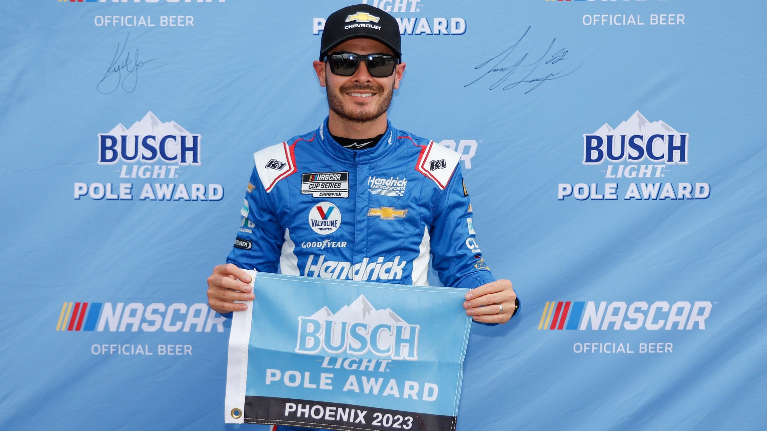AVONDALE, ARIZONA - MARCH 11: Kyle Larson, driver of the #5 HendrickCars.com Chevrolet, poses for photos after winning the pole award during qualifying for the NASCAR Cup Series United Rentals Work United 500 at Phoenix Raceway on March 11, 2023 in Avondale, Arizona. (Photo by Chris Graythen/Getty Images)