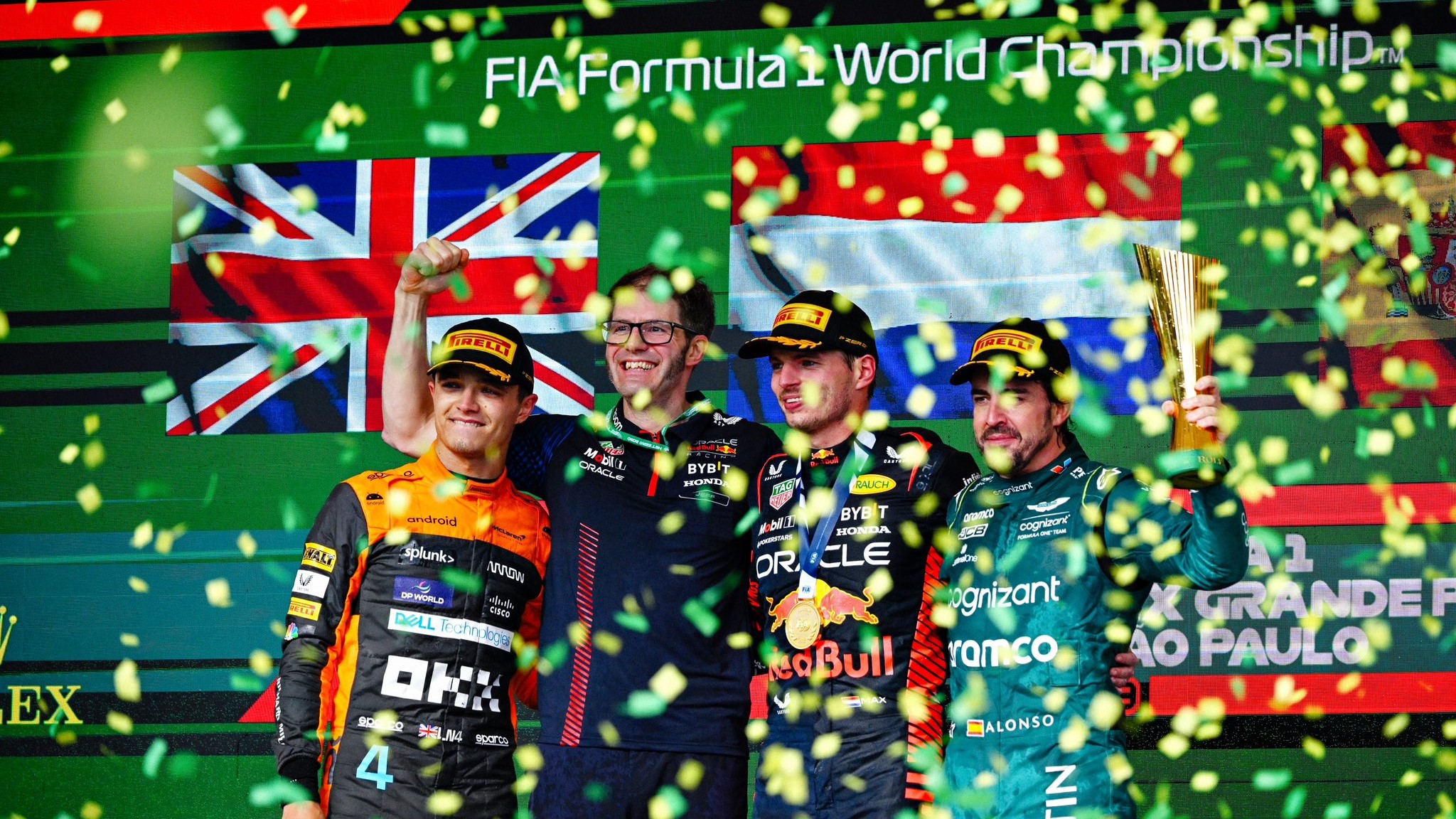 Brazil GP podium welcomed back Fernando Alonso who held off a charging Checo Perez for P3 (Image Credit: Oracle Red Bull Racing)